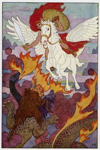 飞马开始朝着奇美拉的三重头（彩色石版画）