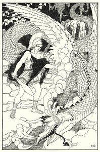 当龙看到卡德摩斯时，他又发出了另一个可恶的嘶嘶声（石版画）