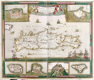 克里特岛地图，可以看到坚固的城镇 La Cane 和 Heraklion 以及 Spinalonga、Retino、Tine 和 Souda 的堡垒（蚀刻 作者 弗雷德里克·德·威特