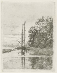 有两艘船和一艘驳船的河景。 作者 Fredericus Jacobus van Rossum du Chattel（艺术家签名）