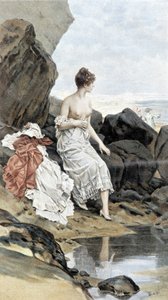 隐藏在海边沐浴的女人——夏天的寓言，休伯特·戴斯绘的日历，F.H. Kaemmerer 绘