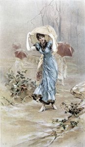 保护自己免受雨淋的女人——早秋的寓言，由休伯特·戴斯绘制的日历，由 F.H. Kaemmerer 绘制