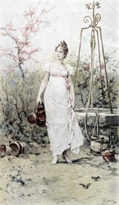 从井中归来的女人——春天的寓言，休伯特·戴斯绘的日历，F.H. Kaemmerer 绘 作者 弗雷德里克·亨德里克·凯默勒