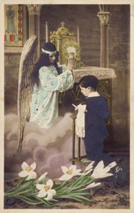 男孩参加第一次圣餐，由守护天使（彩色照片）参加 作者 法国摄影师