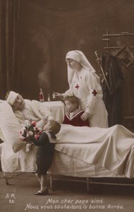 孩子们祝他们受伤的父亲新年快乐，WW1 作者 法国摄影师
