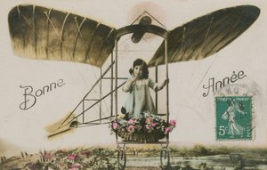 新的一年贺卡的一个女孩在一架飞机，1913年（手工彩色照片） 作者 法国摄影师