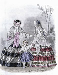 2位时尚女性与一位女孩在散步--载于1852年《Demiselles杂志》。 作者 法语学校