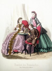 两个女人和一个男孩。时尚--载于《达摩耶斯杂志》，1864年12月 作者 法语学校
