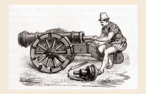 16 世纪装填德国大炮的后膛，来自 Les Merveilles de la Science，出版于 1870 年（雕刻） 作者 法语学校