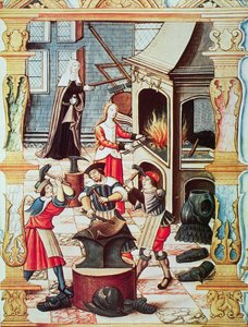 16 世纪的法国锻造厂，《Chants royaux sur la Conception Couronnee du Puy de Rouen》的微型复制品（彩色平版印刷） 作者 法语学校