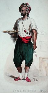 阿尔及尔的摩尔人咖啡仆人（彩色雕刻）。 作者 法语学校