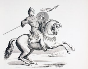 1873年，诺曼骑士身穿链甲和头盔，携带长矛和盾牌 作者 法语学校