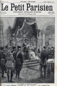 全面裁军的建议（向欧洲列强提出）--沙皇尼古拉二世（1868-1918）向他的顾问们宣读他的手稿。小巴黎人》杂志 作者 法语学校
