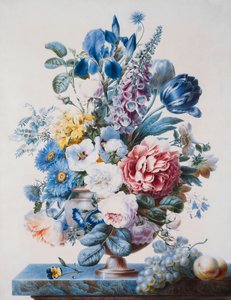 花瓶在壁架上的葡萄和桃子， 作者 法语学校