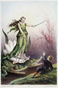 一个男孩站在一个由两条鳄鱼驾驶的坦克上，前面是一个女人--见 H. de la Blanchère 的《海底之旅》。巴黎，编辑Jouvet et Cie, sd.1880.(double 02945) 作者 法语学校