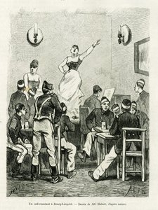 A cafe singing in Bourg Leopold. Engraving by A.Hubert to illustrate the story La Belgique, by Camille Lemonnier, in le tour du monde 1886, directed by Edouard Charton (1807-1890), Hachette, Paris. 作者 法语学校