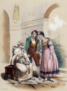 一对夫妇在教堂里结婚；西班牙的插图，载于M.E Fouinet的 "十二个国家"。 作者 法语学校