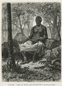 D.Maillart绘制的一位能够使用 "feticheur "魔力的巫师，为阿尔弗雷德-马尔凯 1875-1877 年加蓬和奥古河之旅的故事配图。世界之旅》中的版画 作者 法语学校