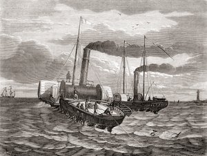 1850 年，约翰-沃特金斯-布雷特的英法电报公司使用改装的拖船 "歌利亚 "号和 "威金 "号，首次尝试在英吉利海峡下铺设从多佛尔到加来的第一条线路。 作者 法语学校