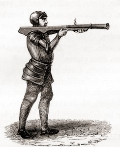 一名步兵使用手持式轰炸机，14 世纪末和 15 世纪，在 19 世纪绘图后，来自 Les Merveilles de la Science，出版于 1870 年（雕刻） 作者 法语学校