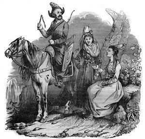 一群身着传统服装的吉尔吉斯(Kyrgyz)哥萨克。在 "风景如画的商店" 1835年 作者 法语学校
