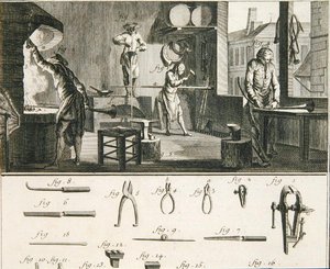 一个制角机的车间和工具，来自丹尼斯-狄德罗（1713-84）的《科学与技术百科全书》，约1770年出版（雕刻）。 作者 法语学校