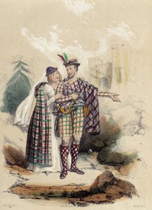 一个穿短裙的男人和他的同伴在城堡前；苏格兰的插图，载于M.E Fouinet的 "十二个国家"。 作者 法语学校