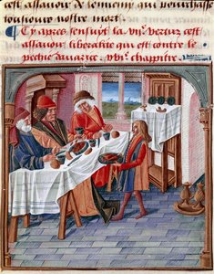 一个男人与一个需要帮助的穷人分享他的桌子 迷你画，摘自 "Le livre de bonnes moreurs de Jacques Legrand" 1490 Chantilly, Musee Conde 作者 法语学校