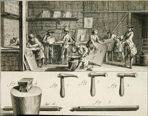 一个金属工人的车间和工具，来自丹尼斯-狄德罗（1713-84）的《科学与技术百科全书》，约1770年出版（雕刻）。 作者 法语学校