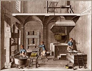 一个造纸厂 - 文具。拼贴 - "The Great Encyclopedie, ou Dictionnaire Raisonne des Sciences, des Arts et des Metiers"（大百科全书或科学、艺术和专业词典），作者是丹尼斯-狄德罗（1713-1784）和让-达朗贝尔（1717-1783）。 作者 法语学校