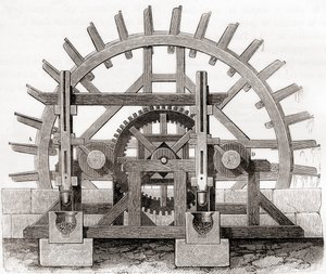 Les Merveilles de la Science 的 19 世纪绘图后的粉磨机及其水轮，出版于 1870 年（雕刻） 作者 法语学校