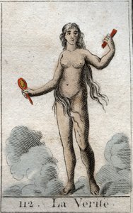A representation of the god of the Truth, a naked young woman with a candid face, she holds a mirror. (Representation of Truth, as a naked young woman with forthrighted face, she holds a mirror). From “Mythology of Youth” by Pierre Blanchard 1803. 作者 法语学校