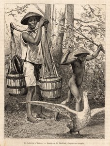 Hatien（越南）的一名居民提着水桶和篮子，一个孩子用棍子打鹅，这幅画是罗宾的一幅画，描绘了莫里斯博士在 1872 年的科钦钦航行，发表在“世界之旅”上 ” 1875 年，E 编辑 作者 法语学校