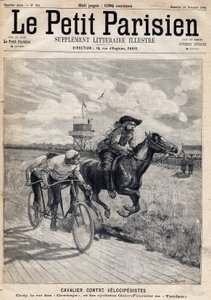 一名骑手与骑自行车的人赛跑。威廉-弗雷德里克-科迪（1846-1917），人称水牛比尔，被称为牛仔之王，与骑自行车的盖比和福尼尔串联。1893年11月26日的《小巴黎人报》之一（雕刻）。 作者 法语学校