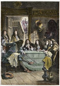 一个汇集了法国作家Jean de La Fontaine (1621-1695)、Nicolas Boileau-Despreaux (Boileau Despreaux)（1636-1711）、剧作家Jean Baptiste Poquelin dit Moliere（1622-1673）和诗人Jean Racine（1639-1699）的沙龙（Cabaret） - La Fontaine, Boilea 作者 法语学校