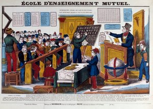 1815 年左右在法国兴起的互助教育学校。19 世纪的雕刻作品，巴黎，卡纳瓦罗博物馆 作者 法语学校