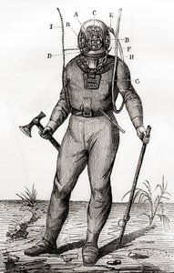 约瑟夫-马丁-卡比罗尔在1855年获得专利的标准潜水服，来自《科学的奇迹》，约1870年出版（雕刻）。 作者 法语学校