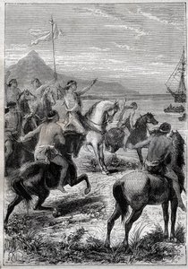 一队骑马的人打着白旗。约翰-拜伦海军中将（1723-1786）1764年在麦哲伦底特律的东口被德维尔金角的当地人接待--插图来自 "18世纪伟大的航海家" 作者 法语学校
