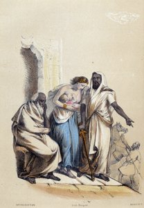 一个白人妇女在阿富汗给她的婴儿喂奶时受到惩罚；M.E Fouinet的 "十二个国家 "中为阿富汗所作的插图。 作者 法语学校