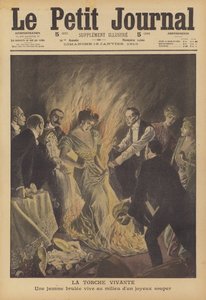 一名妇女在纽约一家餐厅享用新年晚餐时不慎失火（彩色石版画） 作者 法语学校