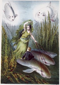 在 H. de la Blanchère 的 "海底之旅 "中，一个女人和一个男孩在逃离鲨鱼巨鱼。巴黎，Jouvet et Cie, sd.Jouvet et Cie, sd.1880.(double 02944) 作者 法语学校
