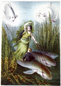 在 H. de la Blanchère 的 "海底之旅 "中，一个女人和一个男孩在逃离鲨鱼巨鱼。巴黎，Jouvet et Cie, sd.Jouvet et Cie, sd.1880. 作者 法语学校