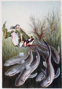 在鲨鱼的带领下，一个女人和一个男孩登上了水箱--见 H. de la Blanchère 所著《海底之旅》。巴黎，Jouvet et Cie, sd.Jouvet et Cie, sd.1880.(double 02946) 作者 法语学校