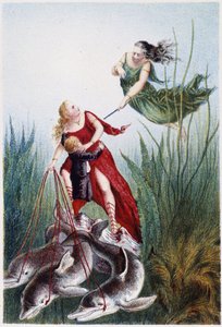 一个女人在攻击另一个女人，一个男孩在海豚的带领下--载于 H. de la Blanchère 的《海底之旅》。巴黎，Jouvet et Cie, sd.Jouvet et Cie, sd.1880.(double 02947) 作者 法语学校