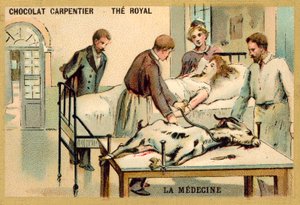 A woman receiving a blood transfusion from a goat (chromolitho) 作者 法语学校