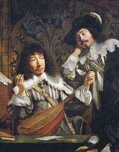 音乐学院，或业余爱好者会议，约1640年，由法国学校的未知艺术家创作，琵琶调音的细节，布面油画 作者 法语学校