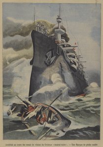 法国装甲巡洋舰 Admiral Aube 在速度试验期间意外击沉一艘渔船（彩色石版画） 作者 法语学校