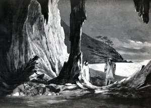 第二幕，德布西的Pelleas et Melisande场景3，1902年4月在巴黎歌剧院举行的第一部歌剧的照片，1902年6月剧院杂志的插图（l 作者 法语学校