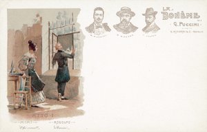 第一幕，《波西米亚人》（彩色平版印刷）。 作者 法语学校