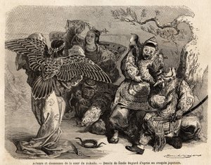 身着舞台服装的天皇宫廷演员和舞者。1863-1864 年，瑞士联邦部长艾梅-亨伯（Aime Humbert）为日本之行绘制的插图。 作者 法语学校